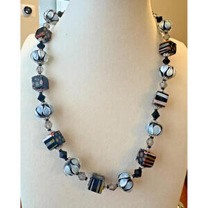 Glass Bead Murano Style Millefiori Art Glass Necklace Silver Tone Black Beads